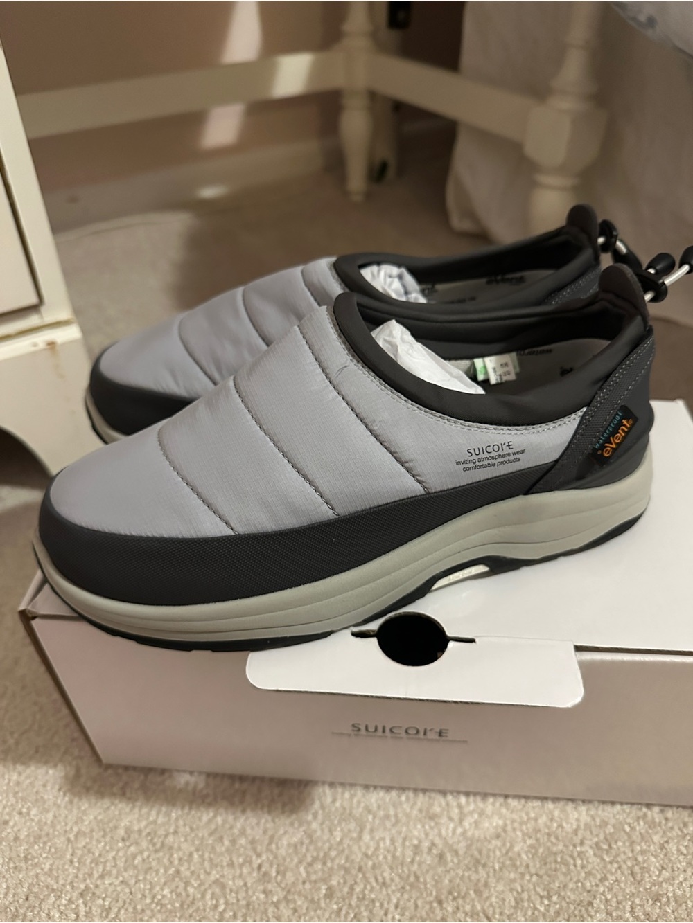 Suicoke Quilted Slip-On Boots in Light Gray with Black Trim